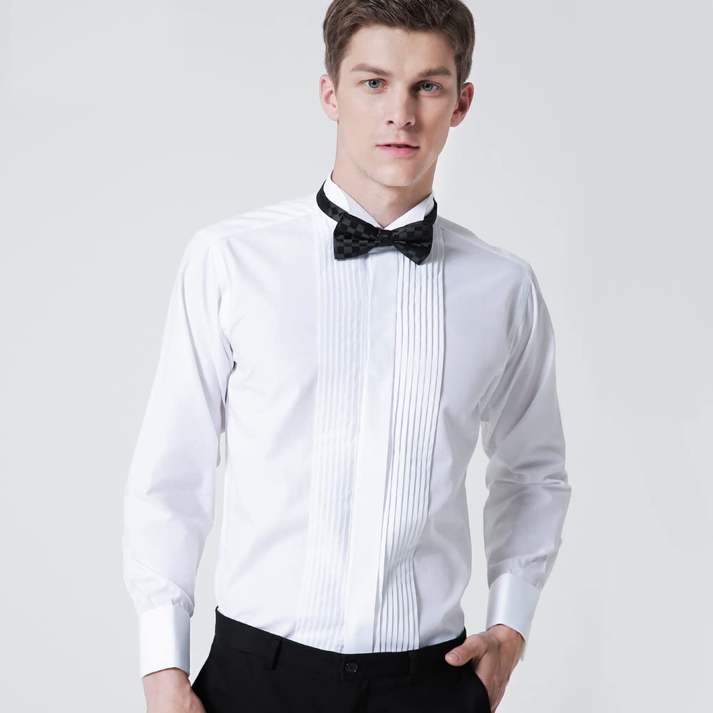 Camicia da uomo alla francese, slim fit, plissettata, colletto pieghevole, camicia da sera, matrimonio, smoking, cena, camicie con papillon