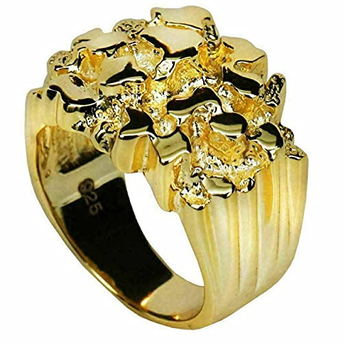 Solid 925 Sterling Silver 14k Yellow Gold Finish - Men's 925 Silver Ring - Gold Nugget Ring - Pinky or Ring Finger - Sizes 6-13