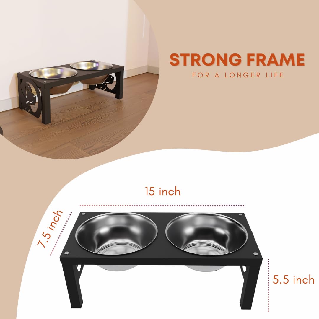 COGO Masty Pet Feeder| 2 Stainless Steel Bowls (1000 ml Each) | Elevated Feeding Bowls for Medium & Large Dogs & Cats | 5.5 x 7.5 x 15 inch | Strong & Stable Metal Frame | Colour: Matt Black