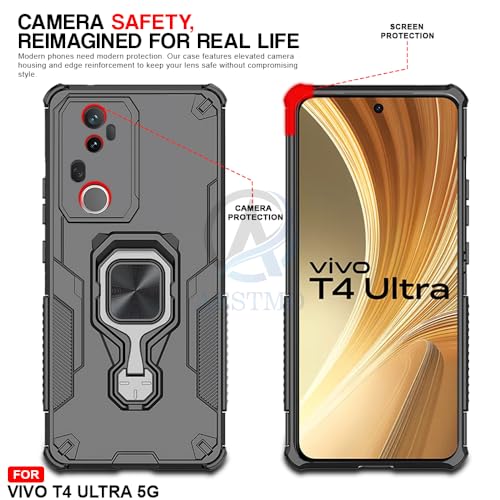 Image of AESTMO Armor Back Cover for Vivo T4 Ultra 5G | Ring Holder & Kickstand & Camera Protection in-Built | 360 Degree Protection Back Case Cover (Black)
