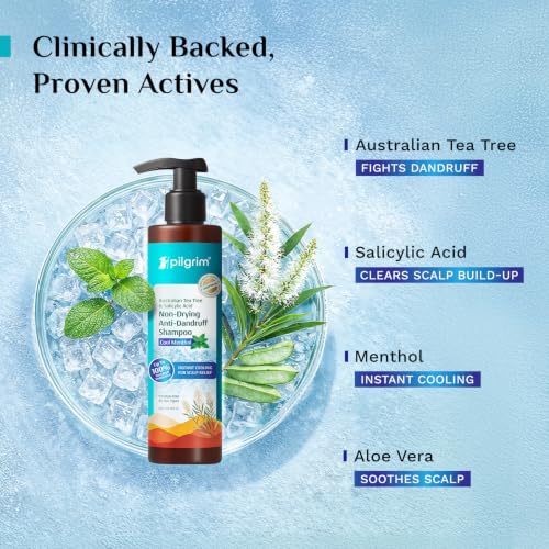 Image of Pilgrim Australian Tea Tree & Salicylic Acid Anti-Dandruff Shampoo with Cool Menthol | Up to 100% Dandruff Reduction*| Soothes Itchy Scalp | Non-Drying Formula | All Hair Types | Unisex (200ml - Pack of 3)