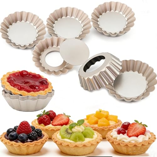 DATANYA Mini Tart Pans Removable Bottom 3 Inch Carbon Steel Nonstick Quiche Pan Pie Tart Tin Mold 0.8inches High for Baking Tartlets Pies Cakes Cupcakes - Premium Champagne Gold 12PCS