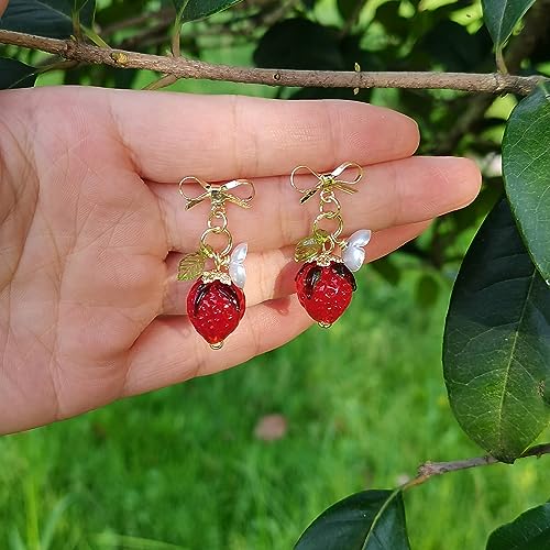 Gracayfr Strawberry Earrings Fruit Jewelry Gifts Cute Bow Studs Red Leaf Flower Dangle Gold Plated Bowtie Earrings Daughter Granddaughter Friend Gift For Women Teen Bow — view 6