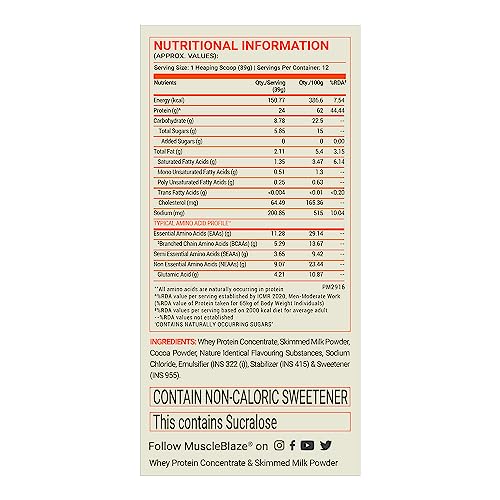 Image of MuscleBlaze Fuel One Whey Protein, 24 g Protein, 5.29 g BCAA & 4.2 g Glutamic Acid (Chocolate, 500 g / 1.1 lb)