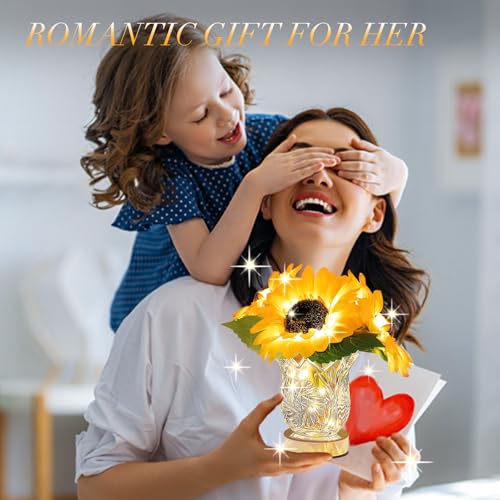 Image of Flower Desk Lamp, Sunflower USB Rechargeable Touch Stepless Dimming Table Lamp, LED Artificial Plants Flower with Vase Night Light, Glass Vase Lamp for Room Home Festival Decor (Sunflower - 3 Head)