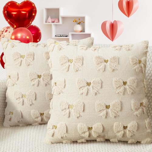 Pyonic Beige Bow Pillow Covers 18x18 Set of 2 Valentine Embroidery Heart Coquette Room Decor Faux Fur Soft Plush Preppy Fluffy Decorative Throw Cushion Case for Sofa Couch Bed Chair Living Room