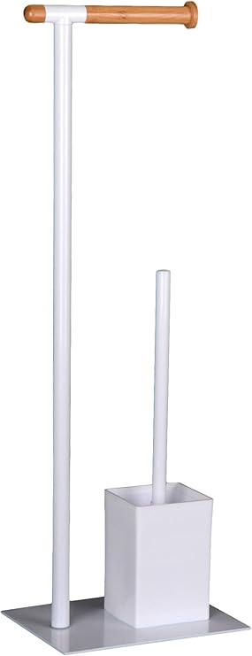 KOOK TIME – Portarrollos con escobillero baño - Metal Lacado Blanco y Madera de bambú - 22 x 18 x 67.5 cm - Accesorio de baño de pie