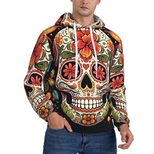 Men's Fleece Pullover Hoodie Long Sleeve Hooded Colorful Sugar Skull Sweatshirt Casual Shirts With Pockets Large Black