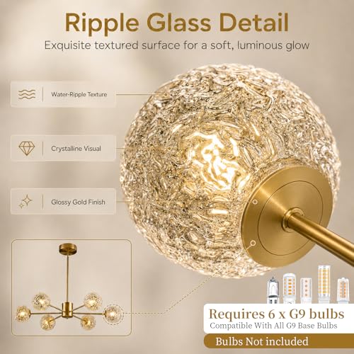Image of Modern Gold Sputnik Chandelier,6-Light Clear Glass Globe Chandelier, Mid Century Pendant Light Fixture for Dining Room Kitchen Island Living Room Bedroom Entryway