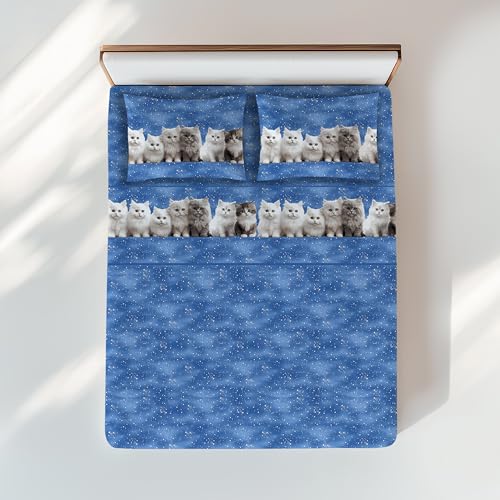 Tex family Completo Lenzuola Gattini Blu - Stampa Realistica Teneri Gatti - 100% Cotone - Made in Italy, Lavabile - 1 PIAZZA E MEZZA