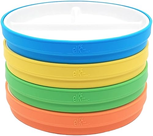 Elk and Friends Platos blancos de porcelana para niños de 7.8 pulgadas con fundas de silicona  Platos divididos  Apto para niños pequeños  Apto para
