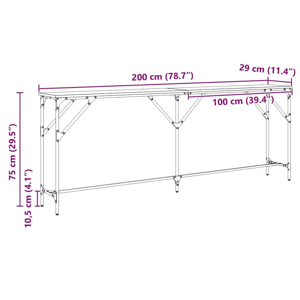 Konsola z drewna starego 200 x 29 x 75 cm z drewna warstwowego i metalu, stabilny stolik pomocniczy z miejscem do przechowywania, idealny do salonu, korytarza, biura i sypialni