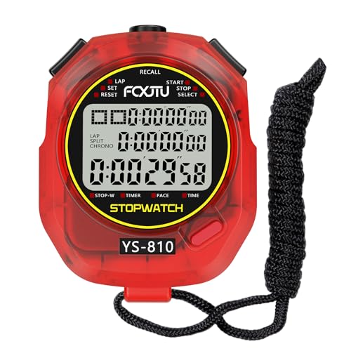 Image of Sports Stopwatch Timer, 10 Lap /Split Memory Digital Stopwatch Countdown Timer with 12 /24 Hour Clock Alarm On /Off, Calendar 3-Row Extra Large Screen Lanyard for P.E Coach and Referees (Red)