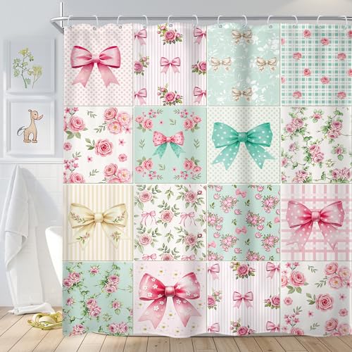 Newsely Boho Bow Floral Shower Curtain 72Wx72L Inch Cute Retro Checkered Patchwork Colorful Flower Pink Green Coquette Girly Bathroom Set Girls Woman Waterproof Bath Decoration Accessories Home Decor