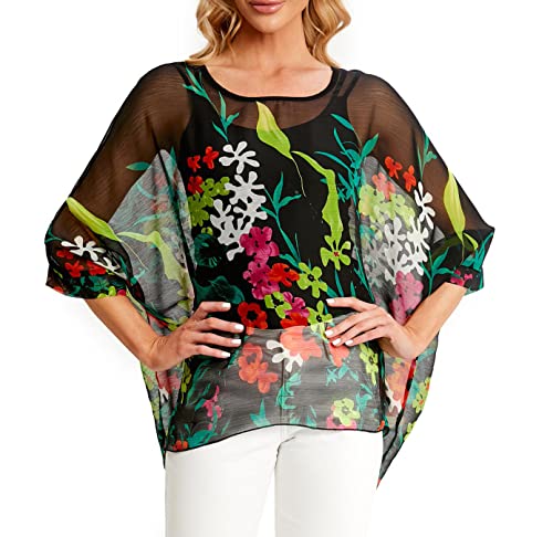 Qunsia Women's Chiffon Caftan Poncho Tunic Top Cover up Batwing Blouse, Z-4409, One size