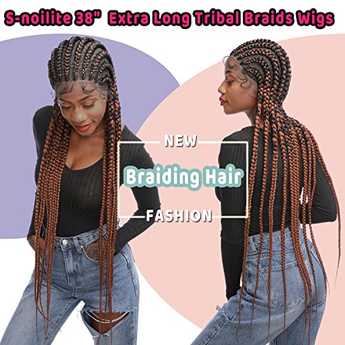 S-Noilite 38" Extra Long Lace Front Hand Braided Box Braided Wigs Micro Cornrow Twisted Braids Wig With Baby Hair For Black Women Synthetic Lightweight Braiding Wigs,Natural Black Omber Light Auburn #TOP4
