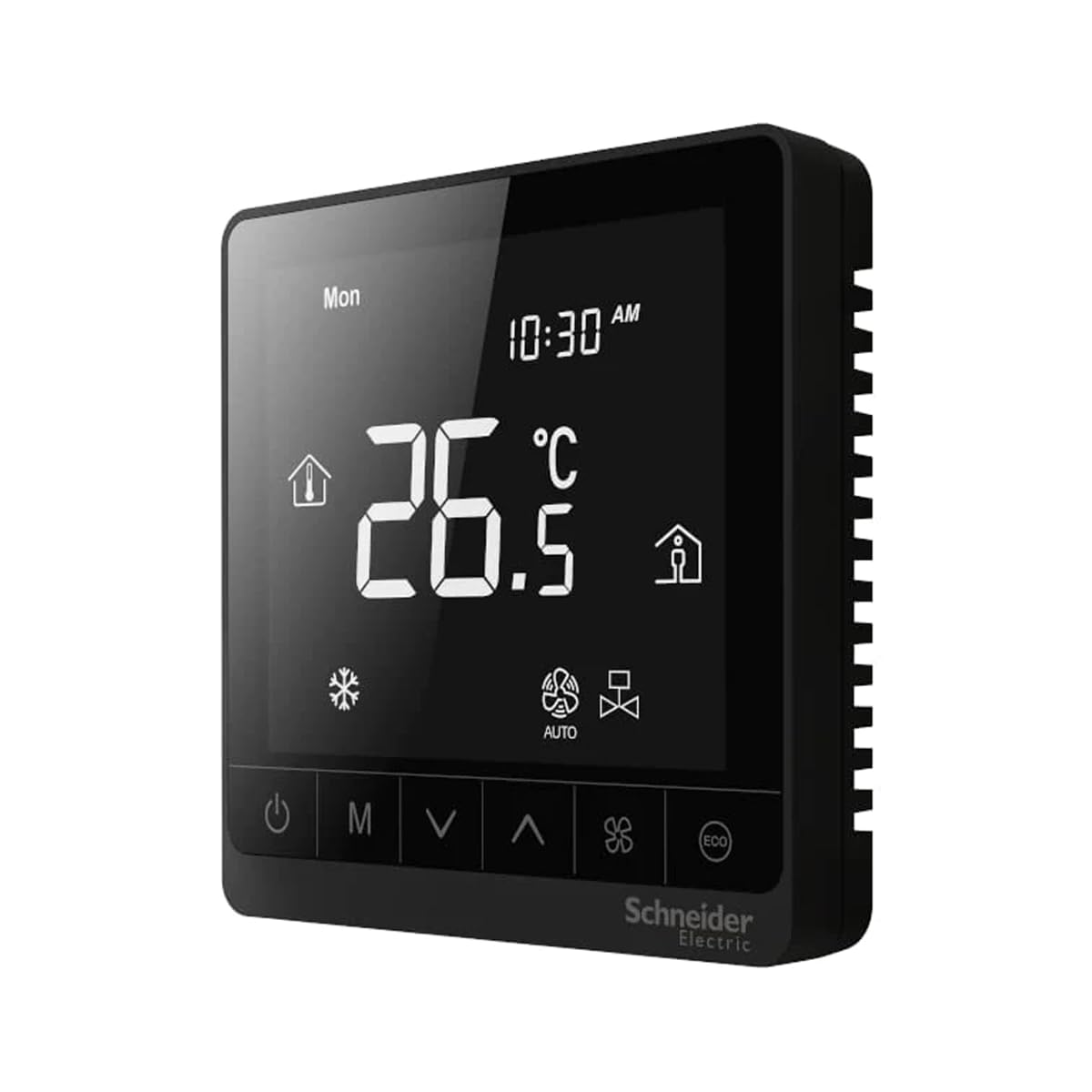 Schneider Termostato eléctrico, Spacelogic, Fan Coil on/Off, Independiente, Pantalla táctil, 2P, 3 Ventilador, 240V, Negro, TC907-3A2LB