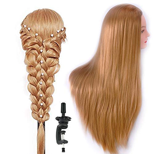 HAIREALM 26" Doll Head Hair for Styling Mannequin Head Braiding for Kids Training Head Manikin Cosmetology Head for Girl Synthetic Fiber Hair Blond(Table Clamp Stand Included) SK27P