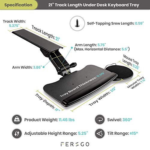 Fersgo Under Desk Keyboard Tray, 20" X 11" Sliding Undermount Tray With Wrist Rest & Mouse Pad, Cable Management - Swivels 360° With Adjustable Height And ±15° Tilt Angle 21" Track With Spacers #TOP1