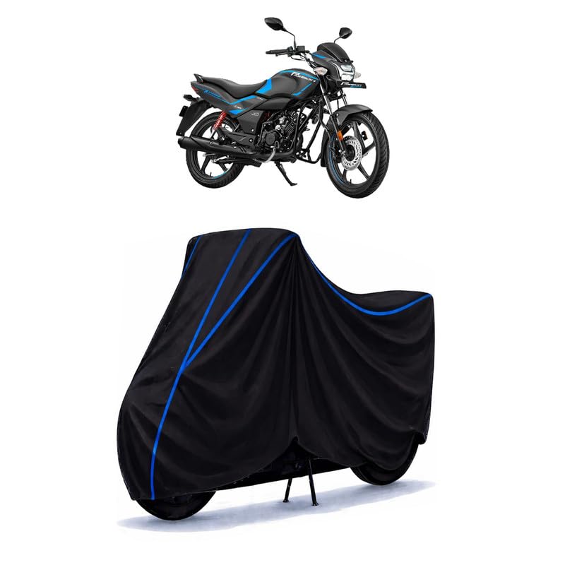 Image of Hero Passion X Bike Cover Water Resistant Universal Motorcycle Rain | Heavy Duty UV Protection, Dust, Scratch Indoor Outdoor All Weather with Black Blue Piping Elastic