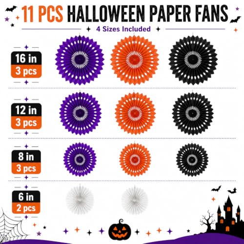 Image of Halloween Hanging Honeycomb Round Paper Fans Decoration Theme Tissue Paper Fan Garland for Shower Birthday Graduation Wedding Party Supplies 11 Count