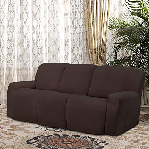 Image of Easy-Going 8 Pieces Microfiber Stretch Sectional Recliner Sofa Slipcover Soft Fitted Fleece 3 Seats Couch Cover Washable Furniture Protector with Elasticity for Kids Pet(Recliner Sofa, Chocolate)