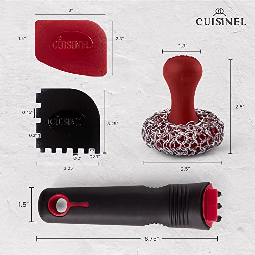 Cast Iron Chain Mail Scrubber + Cleaning Brush + Pan & Grill Scrapers - The Ultimate Skillet And Grill Cleaner Kit - Soft-Touch Confident-Grip Dish Scrub Tool - Silicone And Stainless Accessories #TOP2