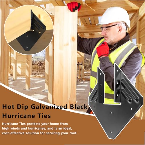 Image of 50pcs 14-Gauge Hurricane Ties for Rafter, Black Hurricane Straps Brackets | Hot Dip Galvanized Black Joist Hangers Fit 2x4 2x6 Truss, Hurricane Clips for Roofing Wood Timber with Gloves