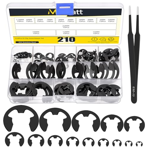 Mardatt 211 Stück 14 Größen E-Clips Sortiment Set, E-Clip Sicherungsringe - 1.5mm, 2mm, 3mm, 4mm, 5mm, 6mm, 7mm, 8mm, 9mm, 10mm, 12mm, 15mm, 19mm, 22mm (Schwarz)