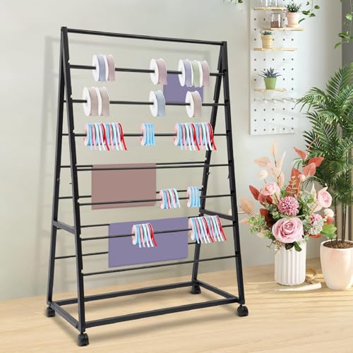 NeNchengLi Ribbon Organizer 15 Tier Metal Ribbon Holder Organizer Rack, Double-Sided Ribbon Storage Rack, 31.5In/W, Gift Wrapping Paper Craft Ribbon Storage Shelf for Scarf, Ties, Belt, Towel