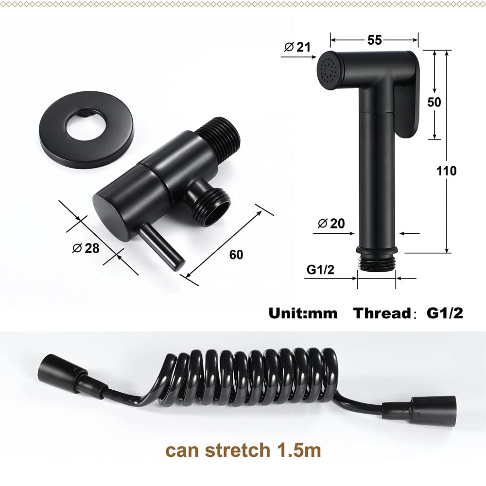 Kit de pulverizador de bidé de mano, soporte de mano de latón para inodoros con manguera extendida de 1.5 m, adaptador de válvulas y soporte de pared conjuntos de gancho de soporte de pared, negro sin