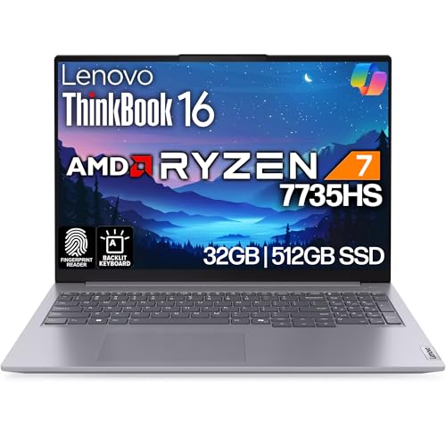 Image of Lenovo ThinkBook 16 G7 Business Laptop, 16 inch FHD+, AMD Ryzen 7 7735HS, 32GB DDR5, 512GB NVMe, WiFi 6E + BT, Backlit KB, Fingerprint Reader, HD Webcam, Win 11 Pro