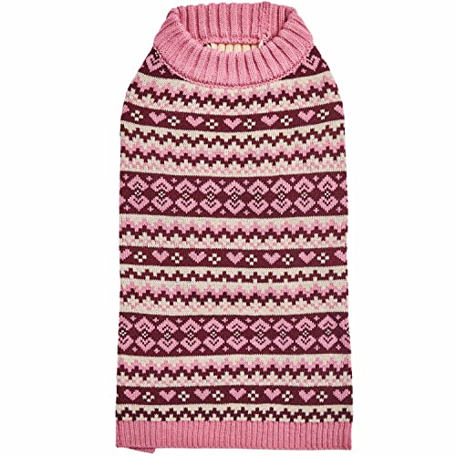 Blueberry Pet Heart Designer Everyday Turtleneck Fair Isle Fall Winter Pullover Dog Sweater in Pink, Back Length 12', Warm Clothes for Small Dogs