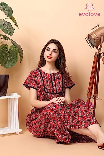 Image of Evolove Women's Cotton Long Maxi Night Gown Nighty Dress with Pocket & Stylish Button, Super Soft Comfortable (LNG-Button)