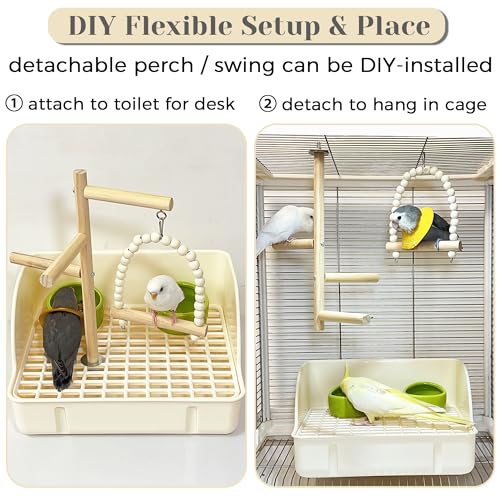 3 in 1 Bird Playground Stand Tabletop with Large Tray, Wooden Bird Play Stand Large, Parrot Perch Stand with Food Bowls, Parakeet Playground Outside Cage, Gym Exercise Activity for Lovebirds Conure