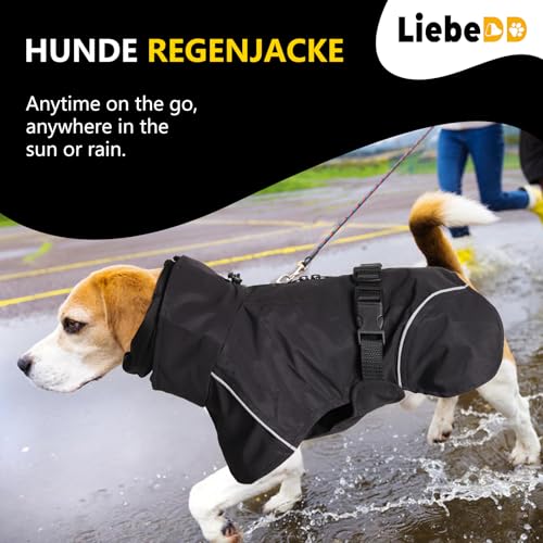 LiebeDD Hunderegenmantel Wasserdicht Regenjacke Hund mit Geschirrloch, Reflektierende Regencape Hund Verstellbarer Hunde Regenmantel für Mittelgross und Kleine Hunde wie Dackel (Schwarz 3XL 41cm)