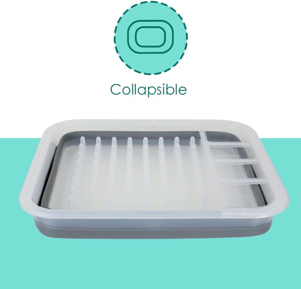 Pop-Up Plastic and Silicone Clear & Grey Dish Drying Rack with 4 Silverware Slots by Home Basics | Compact Size | Collapsible Space-Saving Design Fits in Cabinet