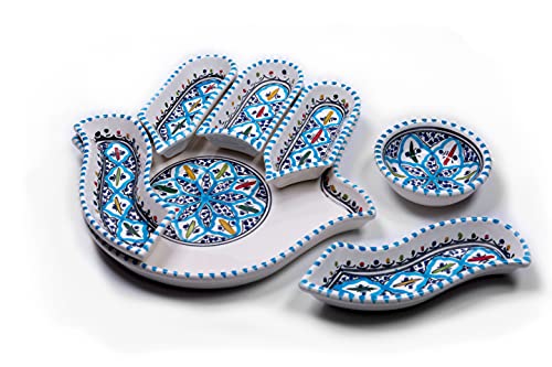 Kamsah Plate Set & Serving Platter, Custom Hand-Painted Ceramic Appetizer Hamsa Tray Serving Dishes for Celebrations, Parties and Events (Hand - Large, Turquoise)