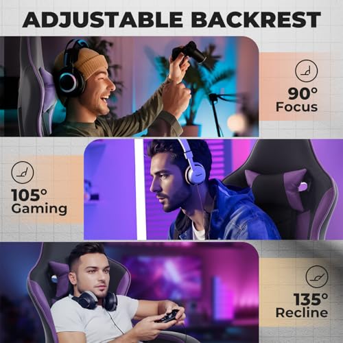 Image of Gaming Desk Chair for Adults, Ergonomic Gaming Chair with Footrest & Headrest and Lumbar Support, Leather Material Height Adjustable Computer Video Game Chairs (Purple+Black)