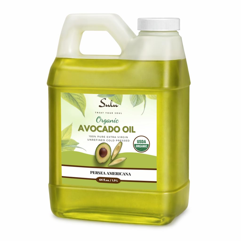SULUORGANICS 4lbs Certified Organic Unrefined Extra Virgin Avocado Oil - Cold Pressed Raw, High Smoke Point for Cooking & Skincare