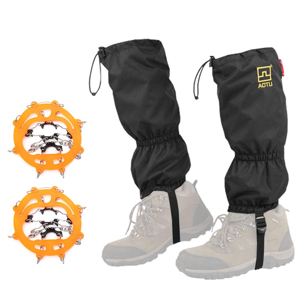 Sazoley Gaiters Crampons Set Waterproof Snow Leg Guard Skidproof Stainless Crampon with Eight Spikes for Snow Ice Activities