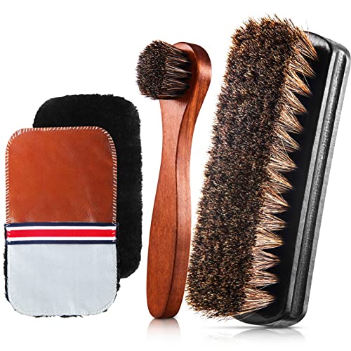 Image of 4 Pcs Horsehair Shine Shoes Brush Kit Polish Dauber Applicators Cleaning Leather Shoes Boots Care Brushes Suede Cleaner Brush with Microfiber Shoe Gloves(4 Pcs Style D)