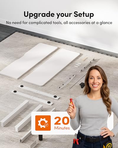 Image of FEZIBO 55 x 24 Inchs Electric Standing Desk, Height Adjustable, Sit Stand Up, Computer Office Desk with Splice Board, White Frame /White Top