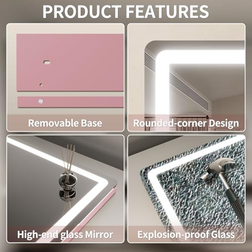 Image of ROLOVE Pink Makeup Mirror with Lights, 23x18 Inch - 3 Color Modes, Dimmable LED Light up Mirror with 10X Magnification - Pink Vanity Mirror Wall&Tabletop Mount for Teen Girls