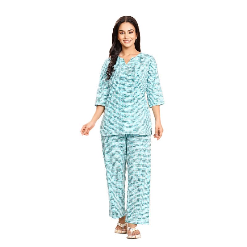 anurang Women's Night Suit | Pure Cotton | Relaxed Fit | Geometric Patterned | V-Neck | 3/4 Sleeve | Turquoise-picture-10