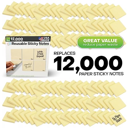 M.C. Squares Reusable Sticky Notes | 3" x 3" 6 Pack of Yellow Stickies | Wet & Dry Erase Post Notes | Re-Stickable | Cling to Stainless Steel, Glass, Plastic | Includes Wet Erase Marker | USA Made