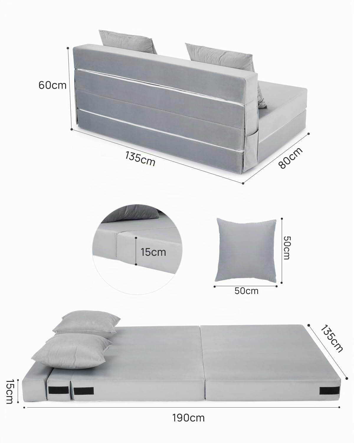 HAUSPROFI Sofá Cama 2 Plazas, 140x200 cm Cama Plegable con Funda Terciopelo Y 2 Cojines, Funda Extraíble Lavable, Colchón Plegable Espuma Poliuretano Alta Elasticidad (Gris)
