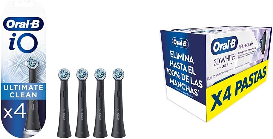 Oral-B iO Ultimate Clean Black Cabezales de Recambio Tamaño Buzón, Pack de 4 Recambios para Cepillos de Dientes Eléctricos + Oral-B 3DWhite Luxe Perfección Pasta de Dientes Blanqueante