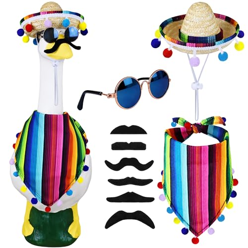 Horolam Mexican Porch Goose Outfits Cinco De Mayo Lawn Goose Costume with Mexican Sombrero Bandana Scarf Beard Glasses for 23/ 17 Statue Yard Decor