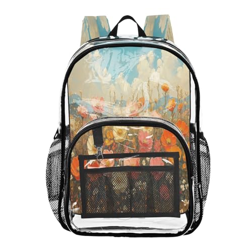 Wild Flowers Oil Painting Clear Backpack - Stadium Approved Large 15.7-inch Waterproof Transparent Bag for Sports, Concerts, Work, Travel#233